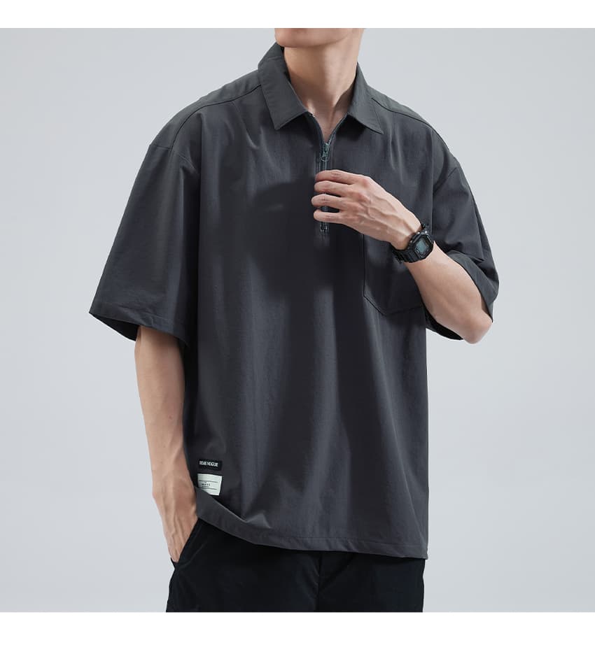 オーバーサイズTシャツ ハーフジップ襟付きポケットシャツ