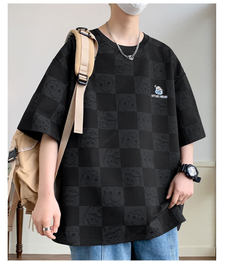 オーバーサイズTシャツ 市松模様キャラクター刺繍ゆったりシャツ