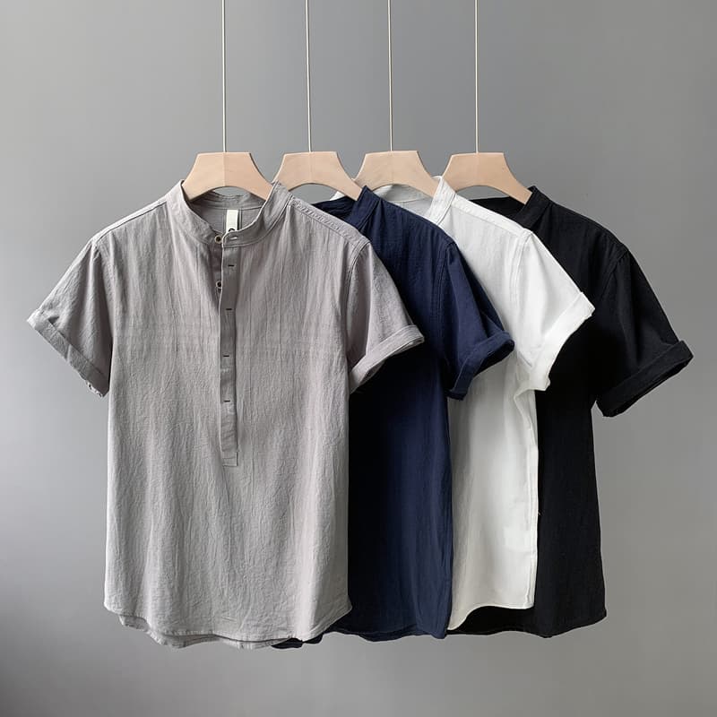 オーバーサイズTシャツ 立ち襟リネン風ゆったりプルオーバー