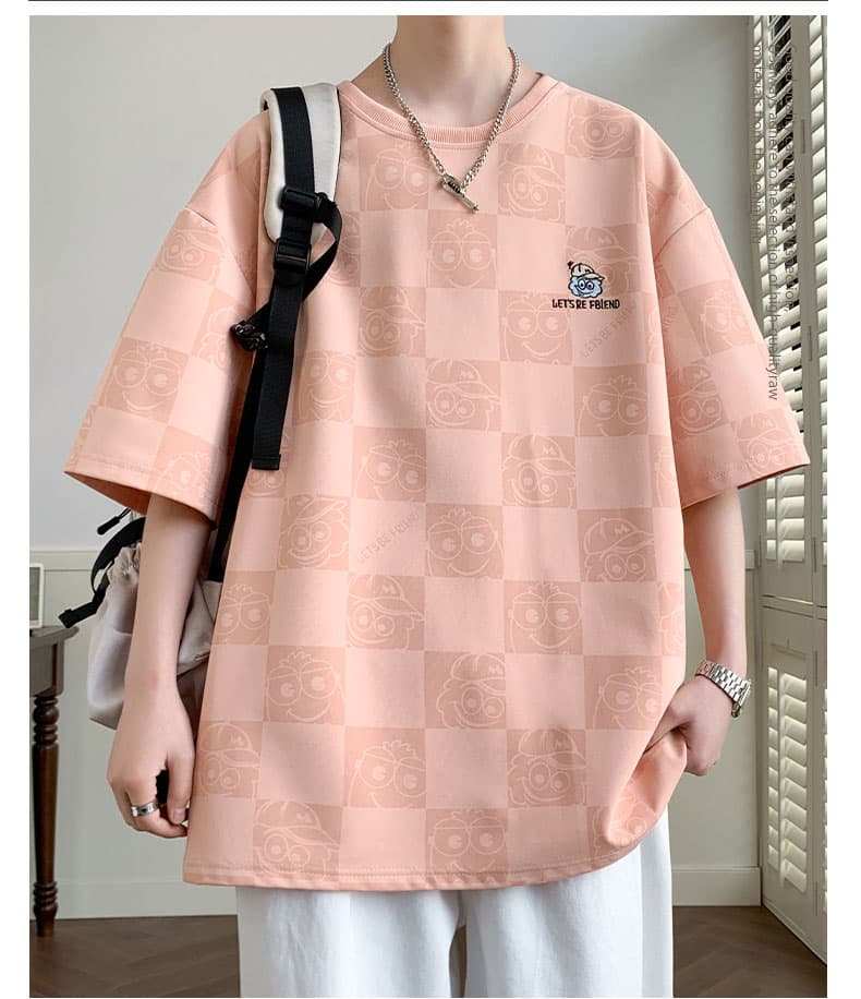 オーバーサイズTシャツ 市松模様キャラクター刺繍ゆったりシャツ
