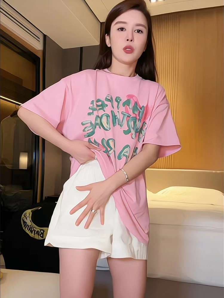 オーバーサイズTシャツ 桃色文字プリント ゆったりオーバーサイズ半袖シャツ
