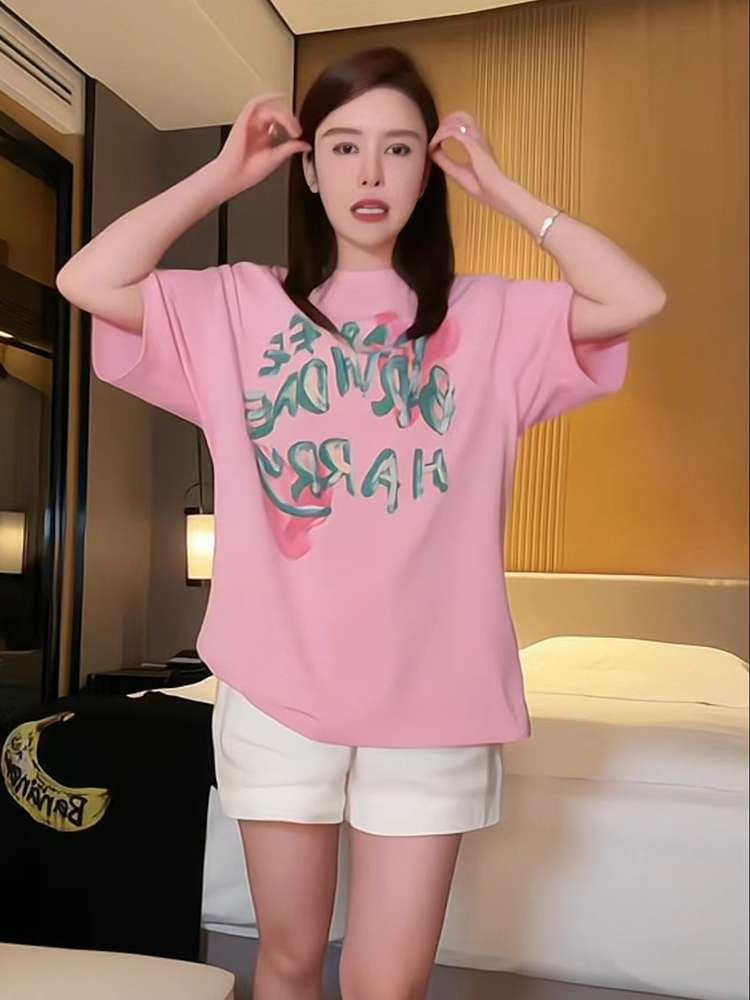 オーバーサイズTシャツ 桃色文字プリント ゆったりオーバーサイズ半袖シャツ