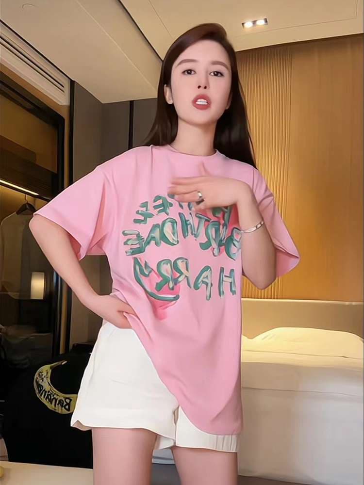 オーバーサイズTシャツ 桃色文字プリント ゆったりオーバーサイズ半袖シャツ