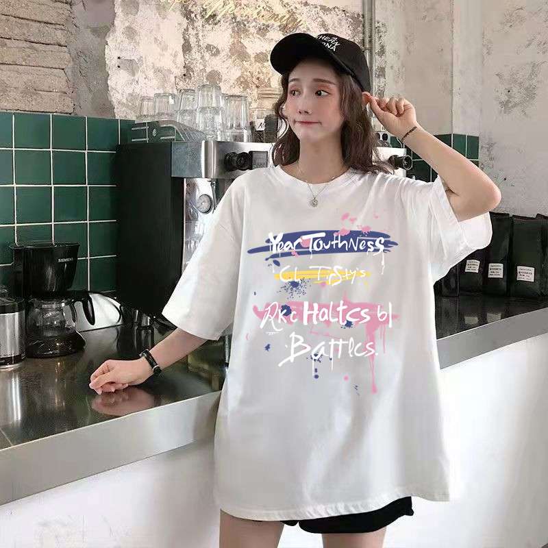 オーバーサイズTシャツ 韓国風ゆったり落書き柄半袖シャツ