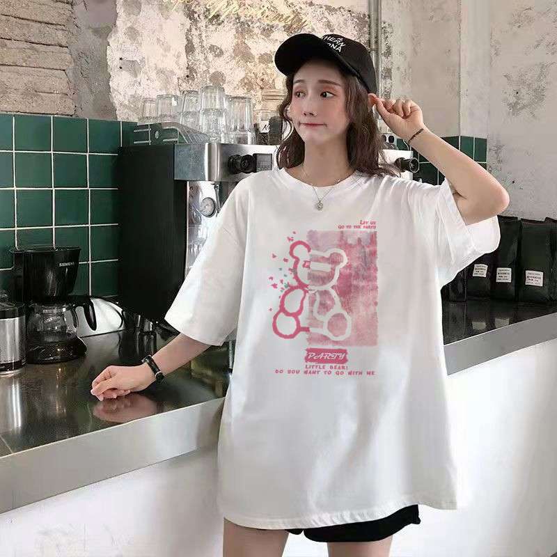 オーバーサイズTシャツ 韓国風ゆったり落書き柄半袖シャツ