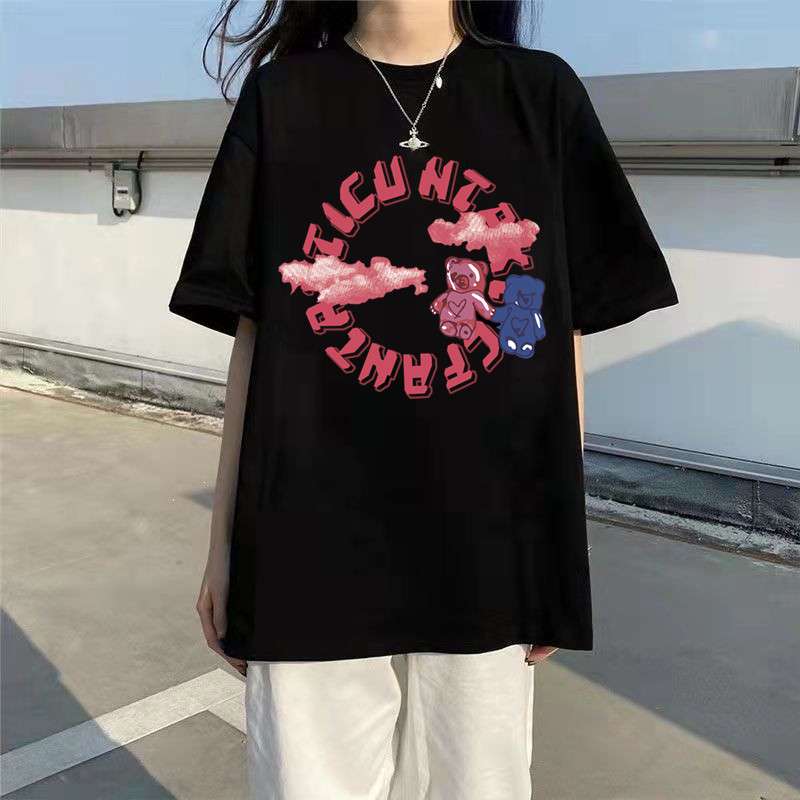 オーバーサイズTシャツ 韓国風ゆったり落書き柄半袖シャツ