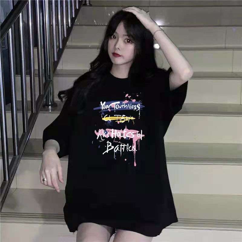 オーバーサイズTシャツ 韓国風ゆったり落書き柄半袖シャツ