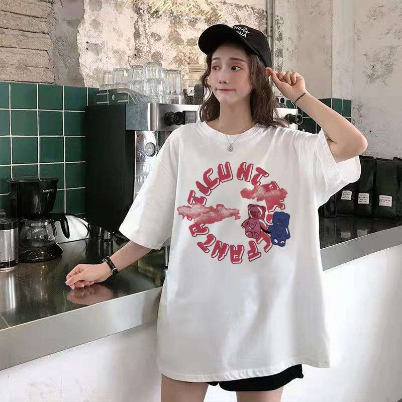 オーバーサイズTシャツ 韓国風ゆったり落書き柄半袖シャツ