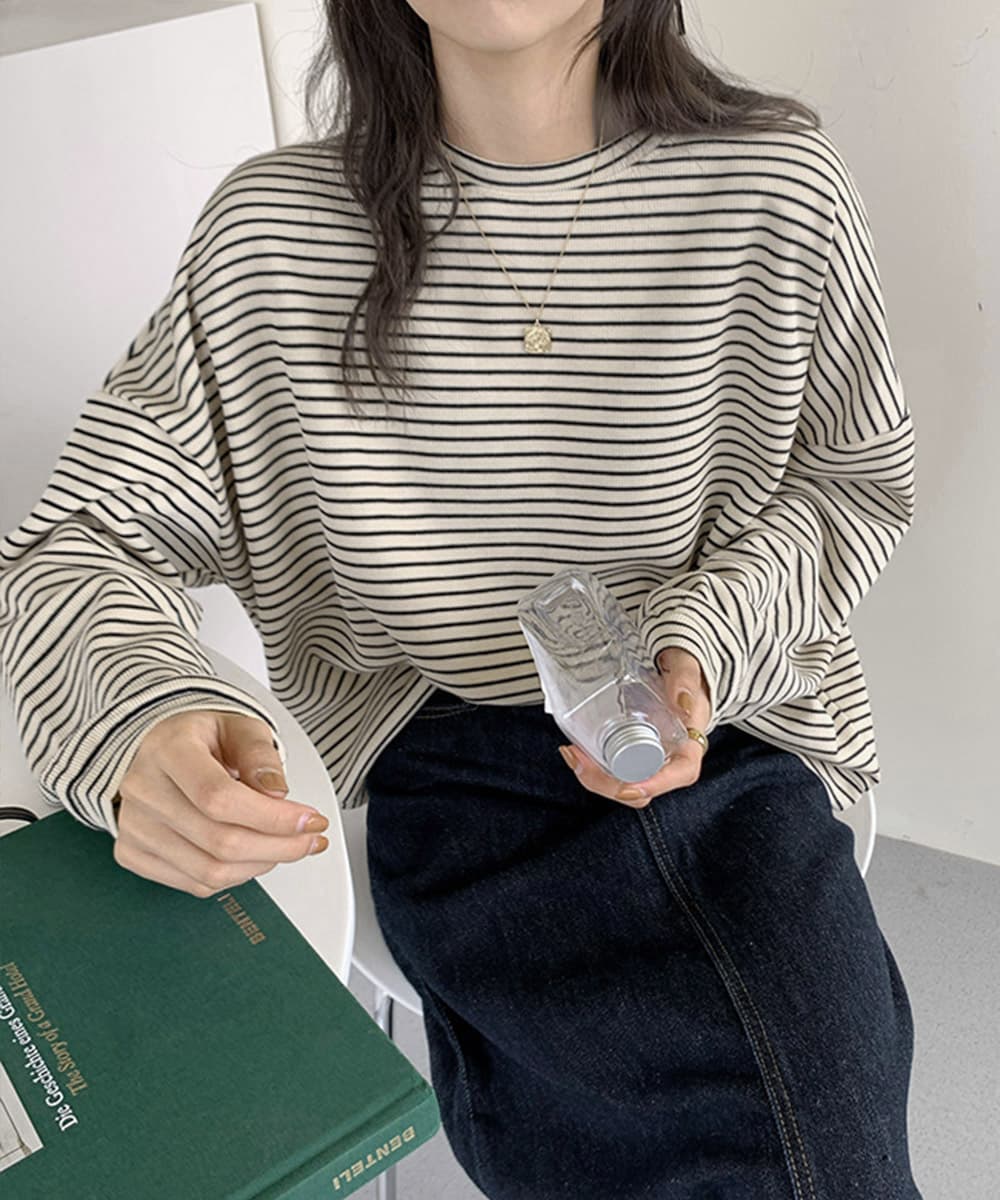 オーバーサイズTシャツ ボーダー長袖オーバーサイズ丸首体型カバー