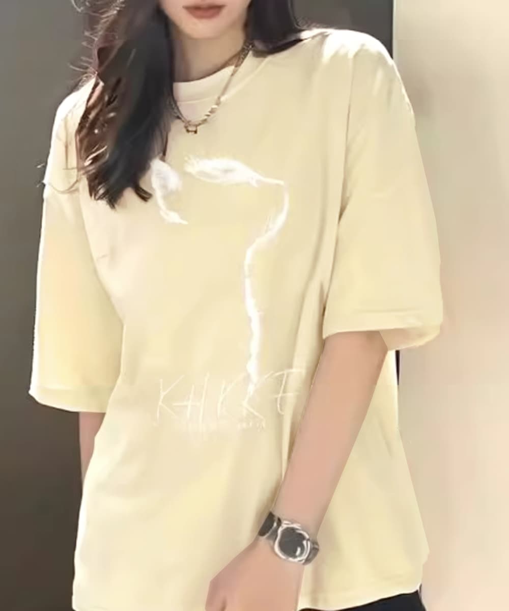 オーバーサイズTシャツ 猫シルエット プリント オーバーサイズ 半袖 ゆったり 体型カバー