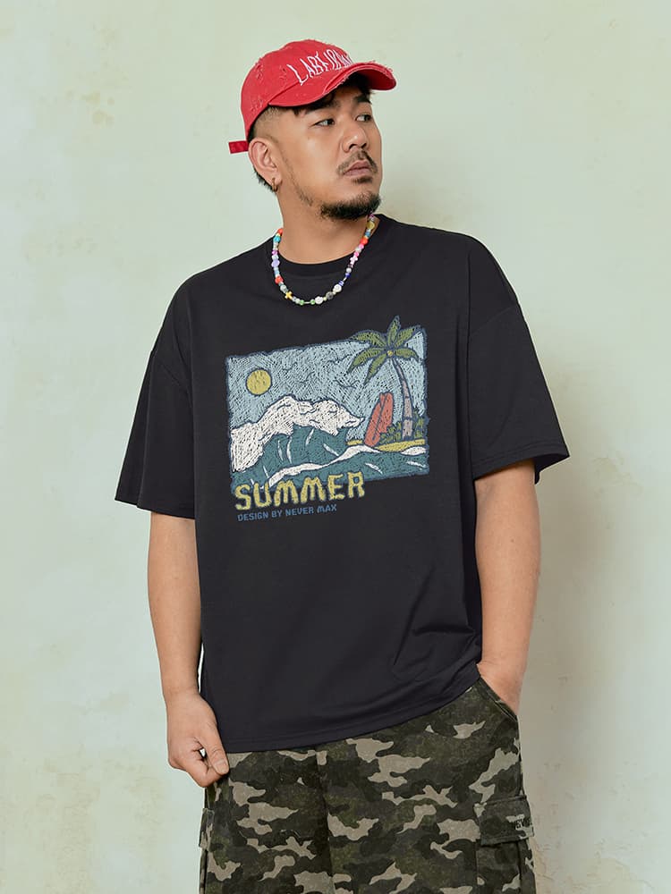 オーバーサイズTシャツ 南国ビーチ ゆったりプリント半袖
