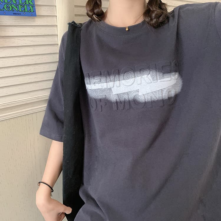 オーバーサイズTシャツ 半袖プリントロゴゆったりティーシャツ体型カバー