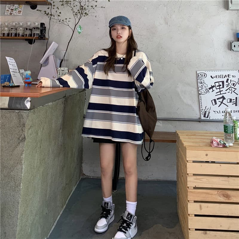 オーバーサイズTシャツ レディース ボーダー柄 長袖 オーバーサイズ スウェット