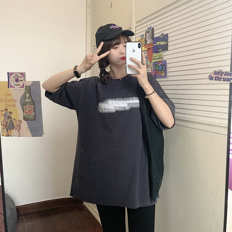 オーバーサイズTシャツ 半袖プリントロゴゆったりティーシャツ体型カバー