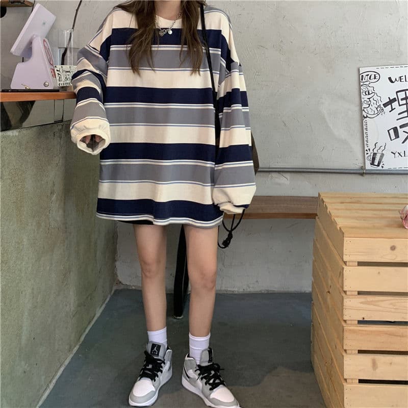 オーバーサイズTシャツ レディース ボーダー柄 長袖 オーバーサイズ スウェット