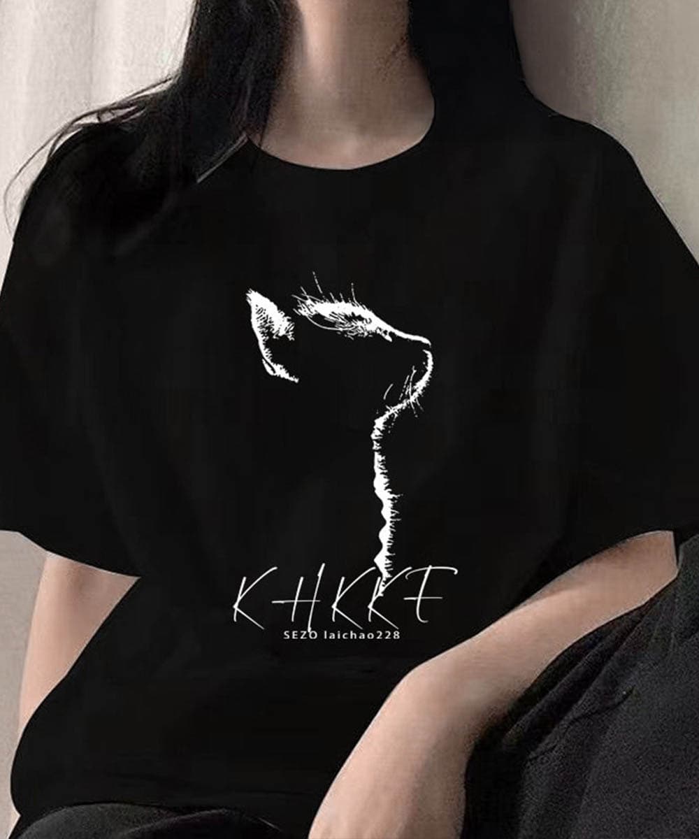オーバーサイズTシャツ 猫シルエット プリント オーバーサイズ 半袖 ゆったり 体型カバー