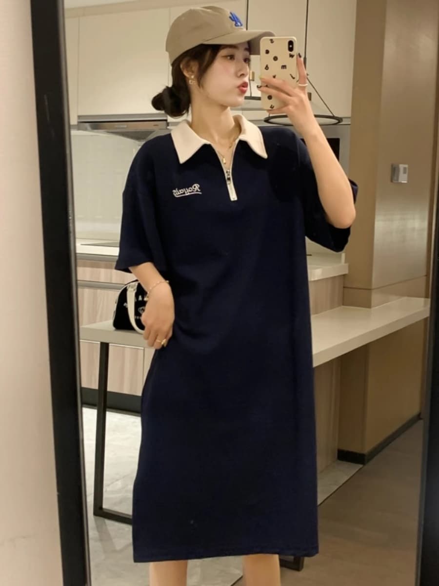 オーバーサイズTシャツ 襟付きゆったりポロワンピース