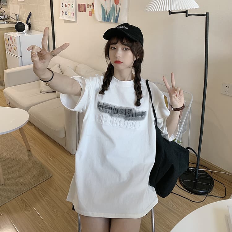 オーバーサイズTシャツ 半袖プリントロゴゆったりティーシャツ体型カバー