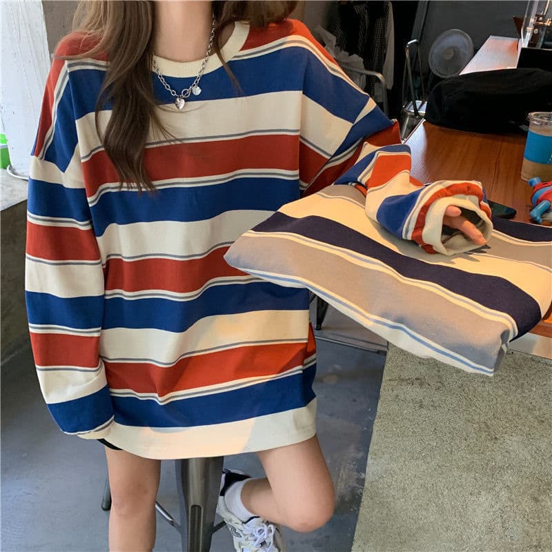オーバーサイズTシャツ レディース ボーダー柄 長袖 オーバーサイズ スウェット