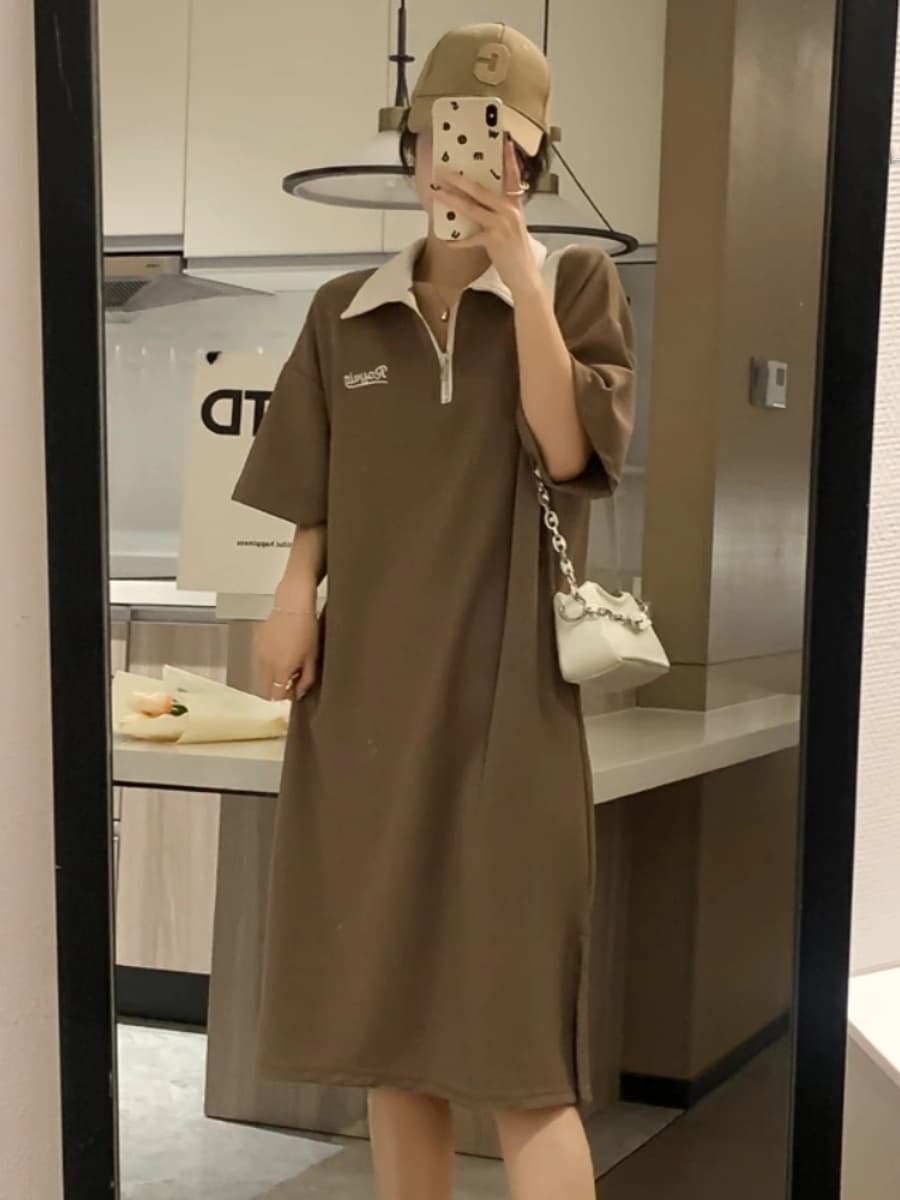 オーバーサイズTシャツ 襟付きゆったりポロワンピース