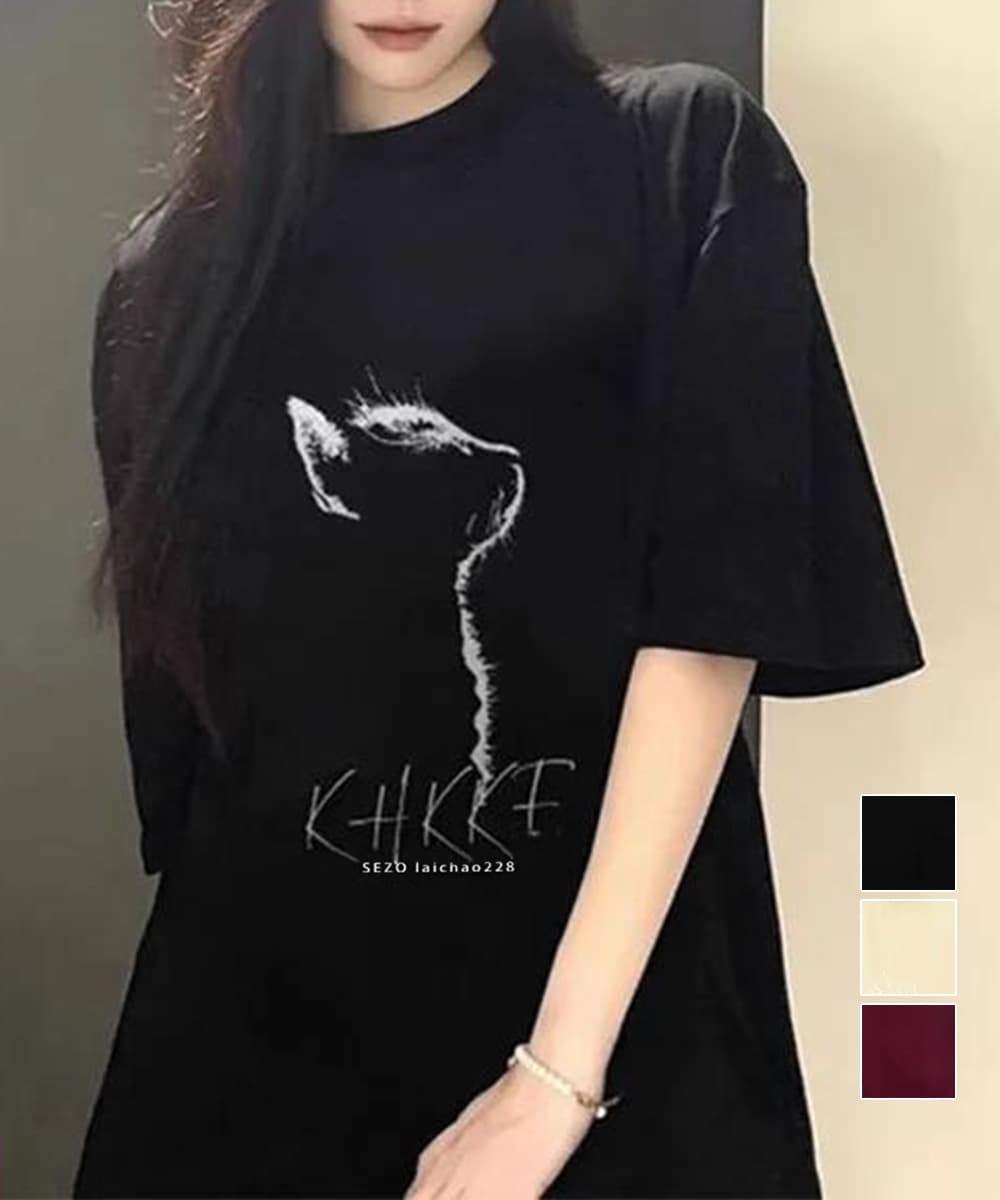 オーバーサイズTシャツ 猫シルエット プリント オーバーサイズ 半袖 ゆったり 体型カバー