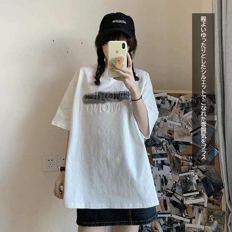 オーバーサイズTシャツ 半袖プリントロゴゆったりティーシャツ体型カバー