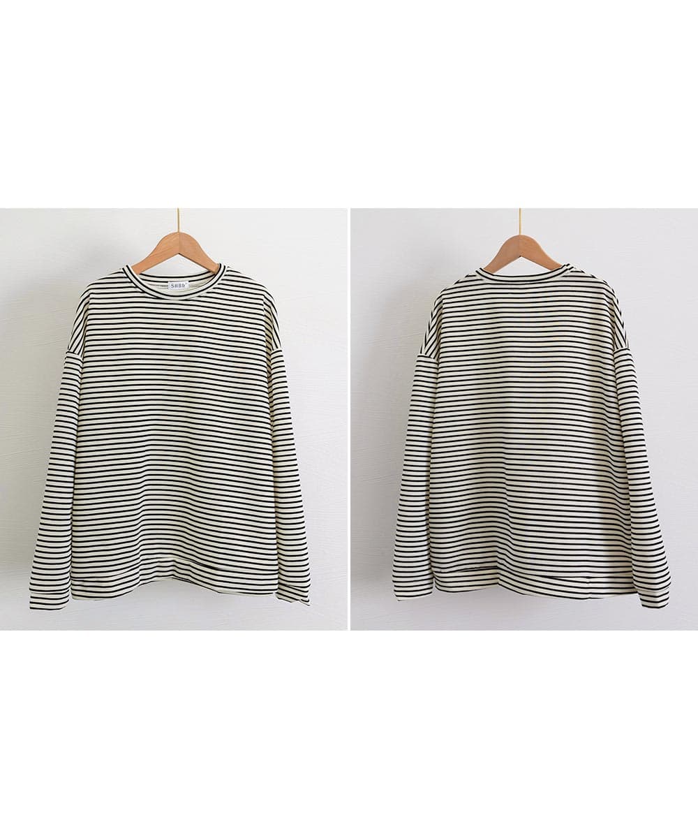 オーバーサイズTシャツ ボーダー長袖オーバーサイズ丸首体型カバー