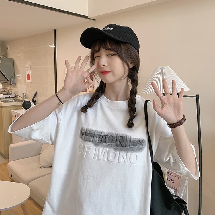 オーバーサイズTシャツ 半袖プリントロゴゆったりティーシャツ体型カバー