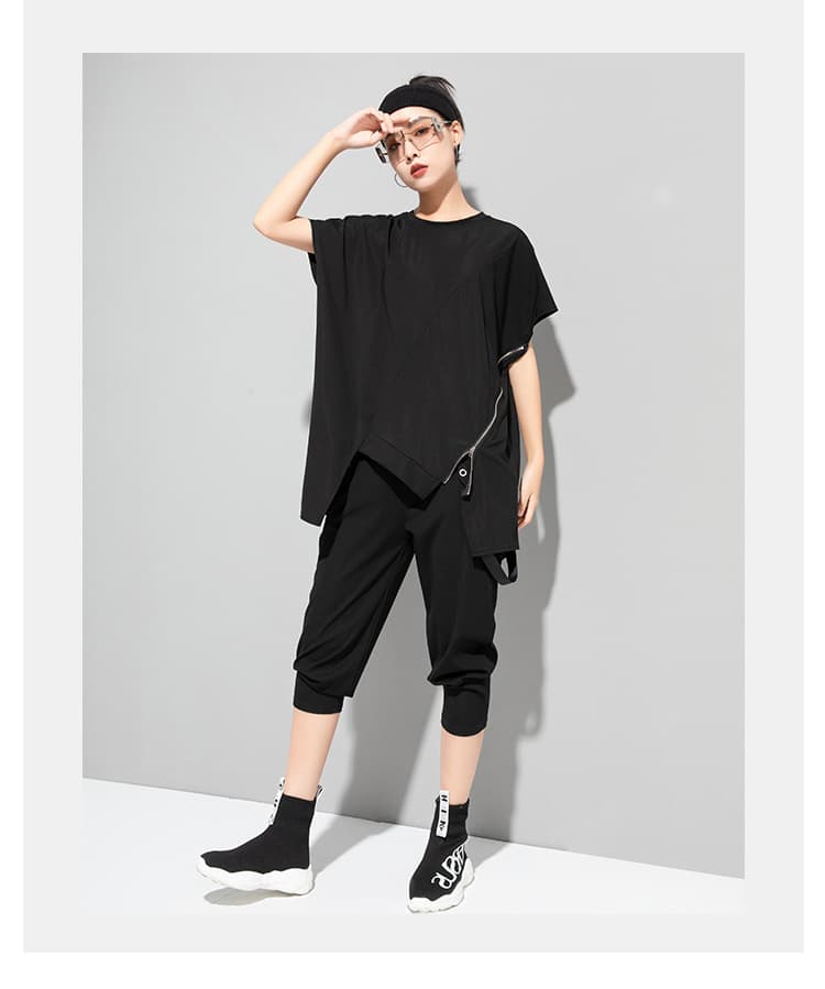オーバーサイズTシャツ レディースサイドジップデザイン ゆったりTシャツ