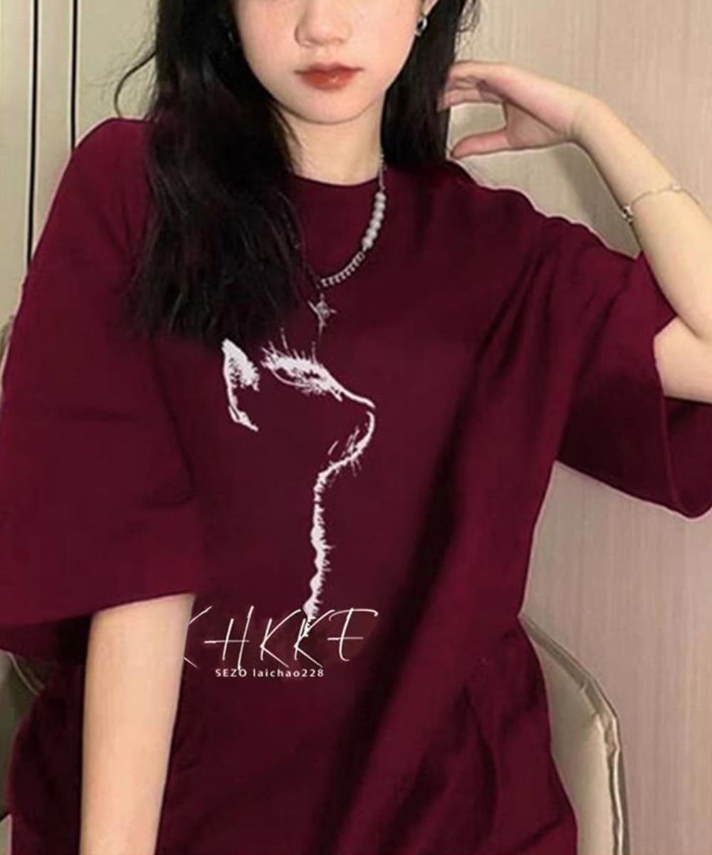 オーバーサイズTシャツ 猫シルエット プリント オーバーサイズ 半袖 ゆったり 体型カバー