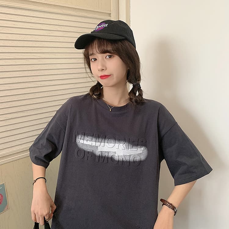 オーバーサイズTシャツ 半袖プリントロゴゆったりティーシャツ体型カバー