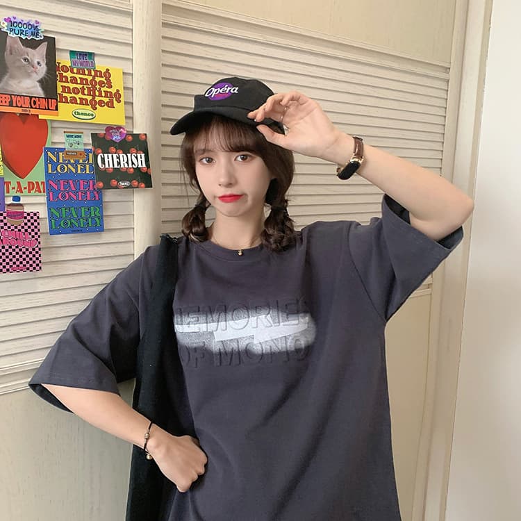 オーバーサイズTシャツ 半袖プリントロゴゆったりティーシャツ体型カバー