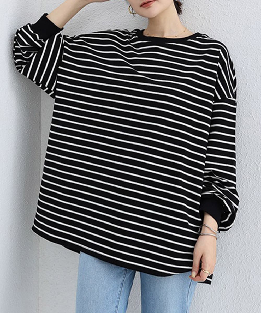 オーバーサイズTシャツ ゆったりボーダー長袖オーバーサイズ