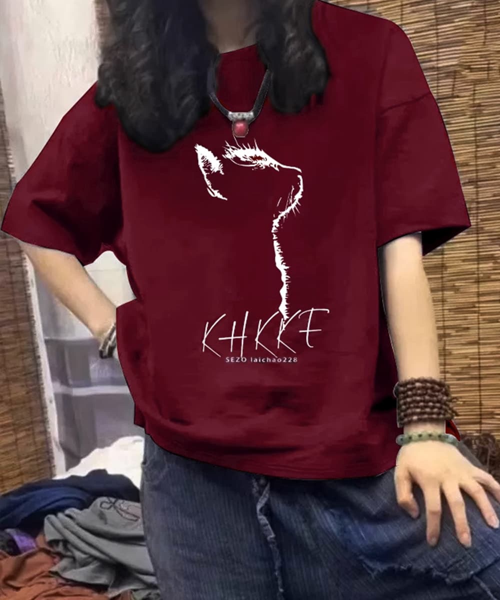 オーバーサイズTシャツ 猫シルエット プリント オーバーサイズ 半袖 ゆったり 体型カバー