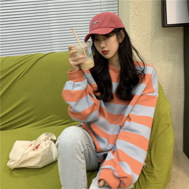 オーバーサイズTシャツ 秋新作 ゆったり大きめ ボーダー長袖トップス