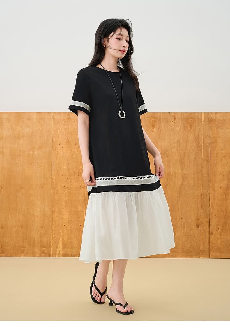 オーバーサイズTシャツ バイカラー切替裾フリルワンピース