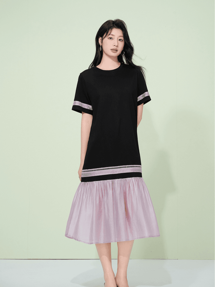 オーバーサイズTシャツ バイカラー切替裾フリルワンピース