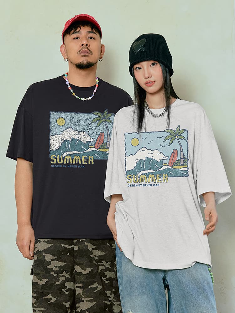 オーバーサイズTシャツ 南国ビーチ ゆったりプリント半袖