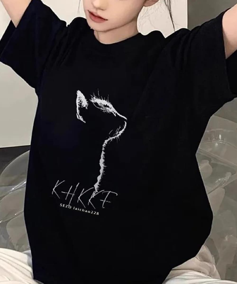 オーバーサイズTシャツ 猫シルエット プリント オーバーサイズ 半袖 ゆったり 体型カバー