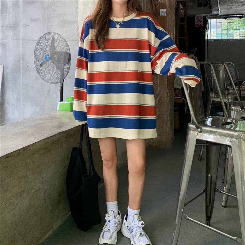 オーバーサイズTシャツ レディース ボーダー柄 長袖 オーバーサイズ スウェット