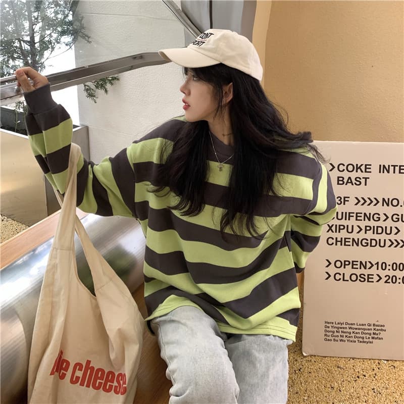 オーバーサイズTシャツ 秋新作 ゆったり大きめ ボーダー長袖トップス