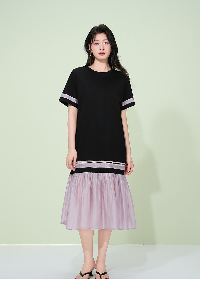 オーバーサイズTシャツ バイカラー切替裾フリルワンピース